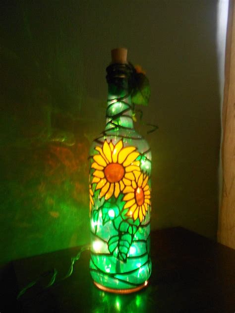 Pretty Sunflowers Hand Painted Lighted Wine Bottle Bottle Has A Strand Of 35 Craft Light In It