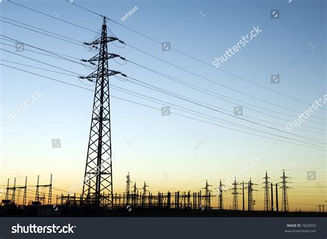 Power Substation Pylon Distribution Lines Sunset Stock Photo 7820953