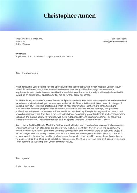 It gives job seekers the opportunity to elaborate on work experience, explain their goals, and show personality. Sports Medicine Doctor Cover Letter Example | Kickresume