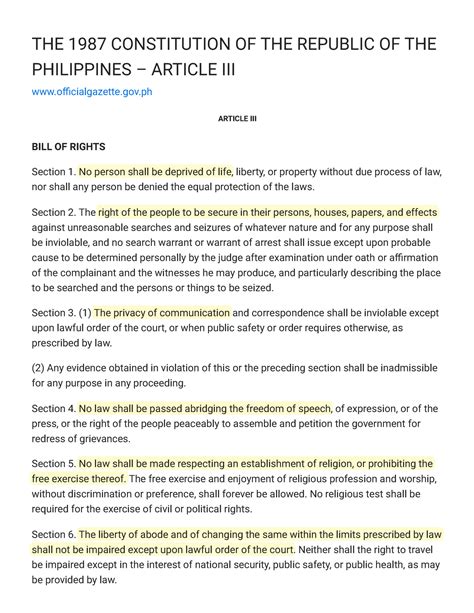 Bill Of Rights The 1987 Constitution Of The Republic Of The Philippines Article Iii The
