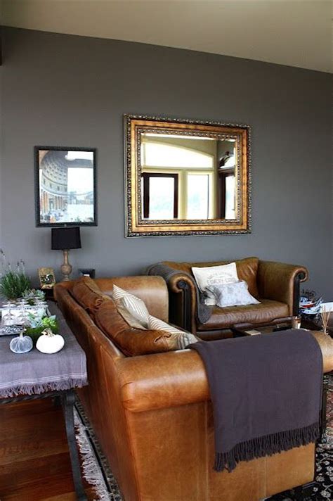 Gray Walls With Brown Leather Brown Sofa Living Room Brown Living