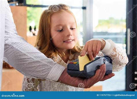 Little Female Child Paying With Credit Card Stock Image Image Of