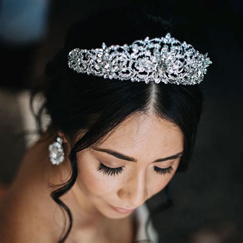 Silver Statement Bridal Crown Crystal Rose Glam Couture