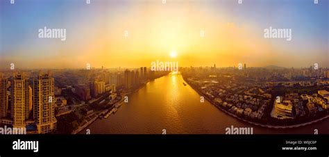 Aerial Shot Of Sunset Scenery In Guangzhou City Guangdong Province