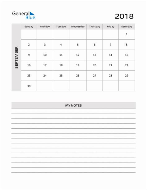 September 2018 Monthly Calendar Pdf Word Excel