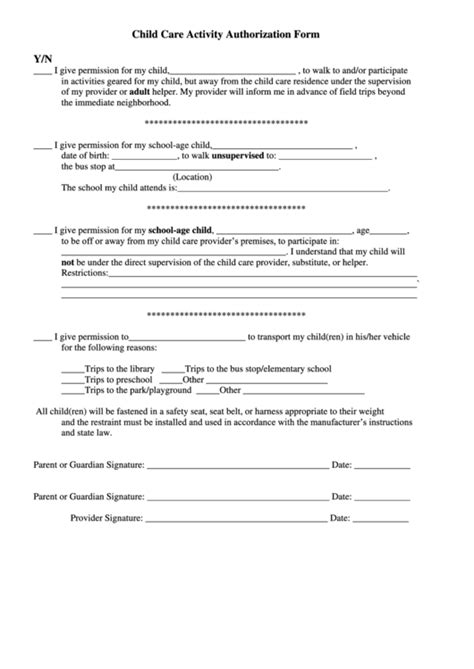 Child Care Activity Authorization Form Printable Pdf Download
