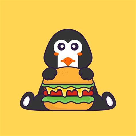 Cute Penguin Eating Burger Animal Cartoon Concept Isolated Can Used