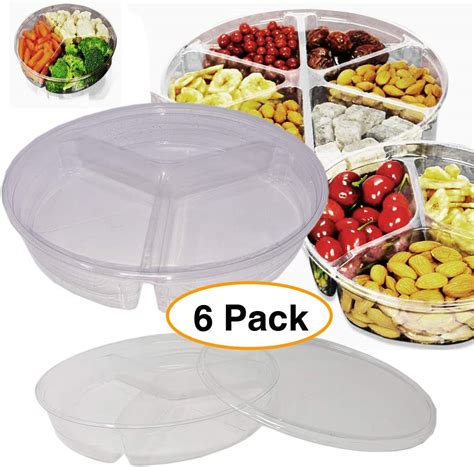Round Divided Clear Plastic Food Containers Storage Box 3 Dividers W