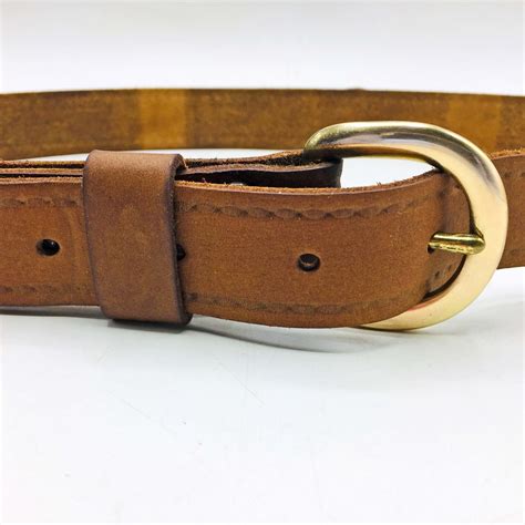 Classic Unisex Leather Belt Brass Buckle Light Mid Tan Brown Embossed