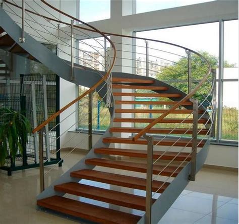 Modern Double Steel Plates Stairs Curved Wooden Stringer Staircase