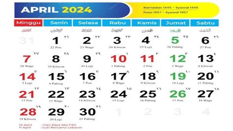 Kalender April Lengkap Dengan Weton Jawa Libur Nasional Dan Cuti Bersama Idul Fitri