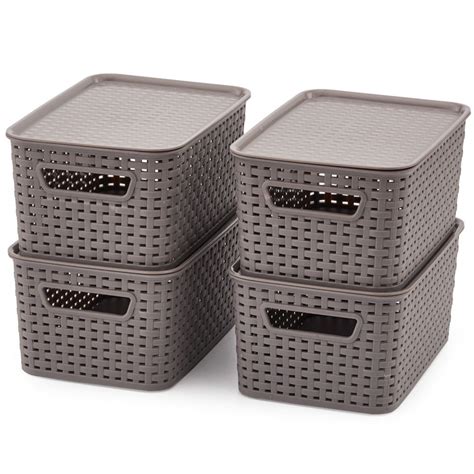 ezoware small lidded gray plastic knit baskets stackable household storage organizer container