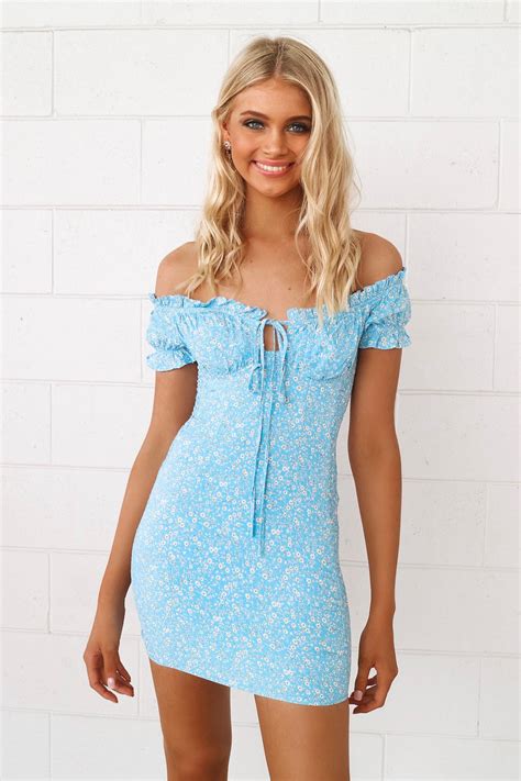 Sunny Off Shoulder Dress Light Blue Floral Dress Fitted Summer Dress