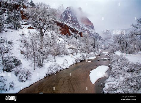 Snowfall In Zions National Park And The Virgin River Stock Photo Alamy