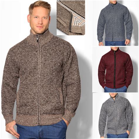 Mens Zip Up Cardigan Fleece Lined Sweater Winter Jumper Knitted Jacket