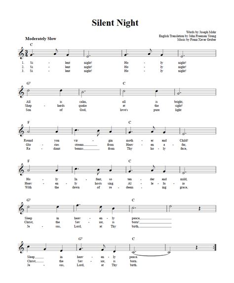 Silent Night C Instrument Sheet Music Lead Sheet With Chords And Lyrics