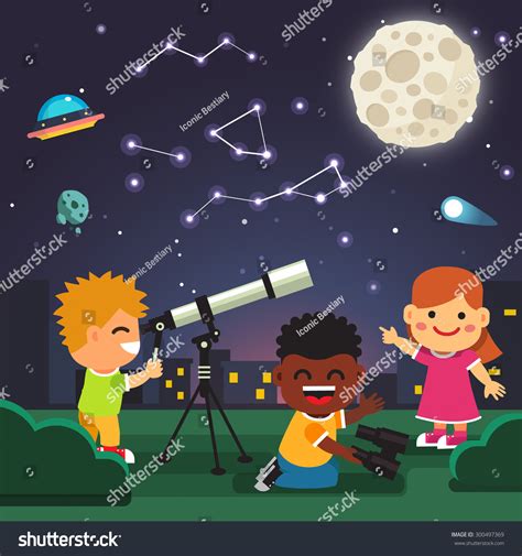 Kids Making Telescope Astronomical Observations Star Stock Vector