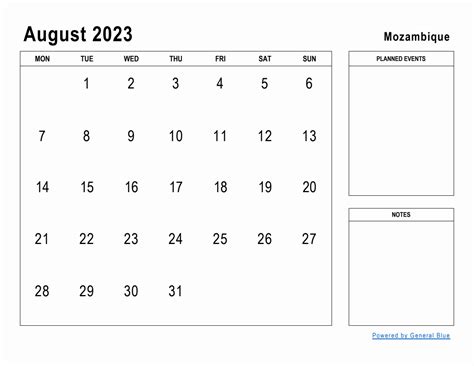 August 2023 Planner With Mozambique Holidays