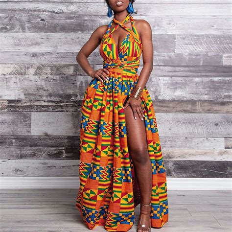Anself Women African Printed Maxi Dress Muti Way Slit Halter Off