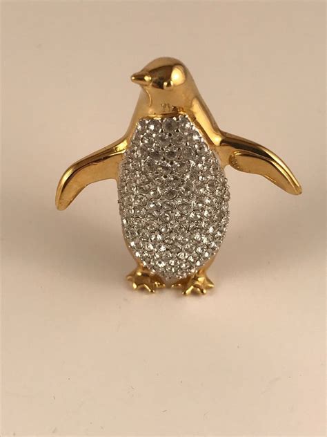 sparkling signed krementz penguin rhinestone belly adorable brooch pin estate