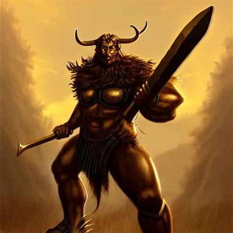 Epic Minotaur Beast In Heavy Golden Armor Wielding Stable Diffusion