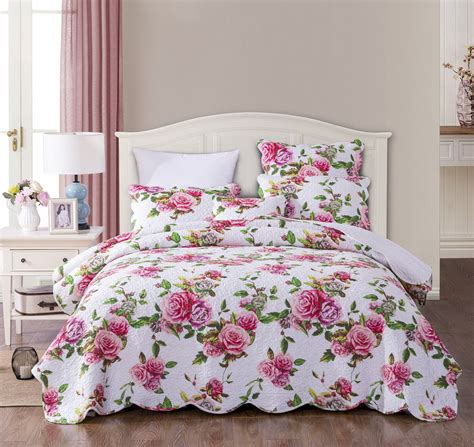 Dada Bedding Romantic Roses Lovely Spring Pink Floral Quilted Scalloped Bedspread Set Jhw879