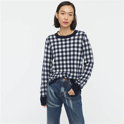 Jcrew Cashmere Crewneck Sweater In Gingham In Blue Lyst