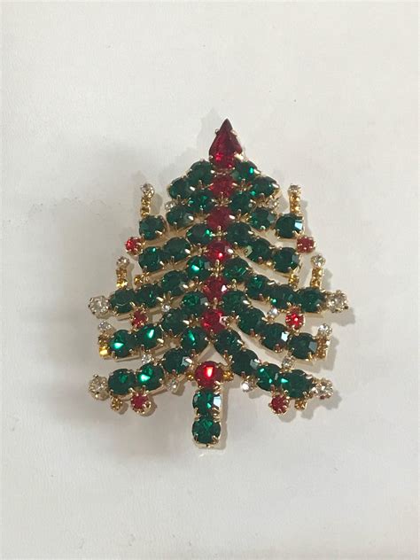 Vintage Rhinestone Christmas Tree Brooch Multi Colored Rhinestones Holiday Brooch Green Red
