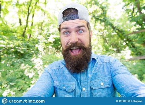 Joy Of Camping Brutal Brunette Man Making Selfie Mature Guy With Beard In Wood Summer Day Fun
