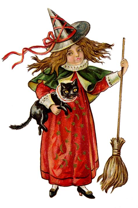 Antique Halloween Image Little Witch Girl With Cat The
