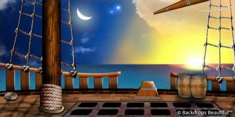 An Image Of The Deck Of A Ship At Night With Moon And Stars In The Sky