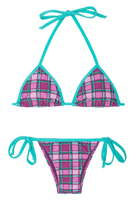 Pink Check Brazilian Bikini With Green Ties Bikini Xadrez Rio De Sol