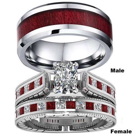Couple Rings His And Hers Wedding Rings Set Red Rhinestone Women Rings