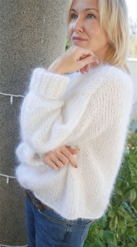 Fluffy White Mohair Sweater Loose Fit Sweater Hand Knit Sweater Fall Sweaters For Women
