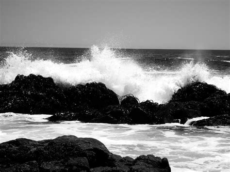 Black And White Ocean Waves Sea Rocks