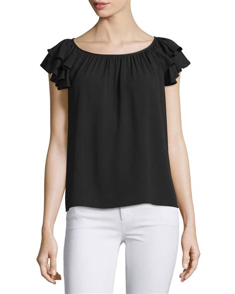 Michael Kors Collection Ruffle Sleeve Round Neck Top Black