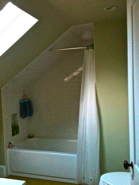 Bathroom with slanted ceiling for the home pinterest. help, I don't know how to do a shower curtain on my attic ...