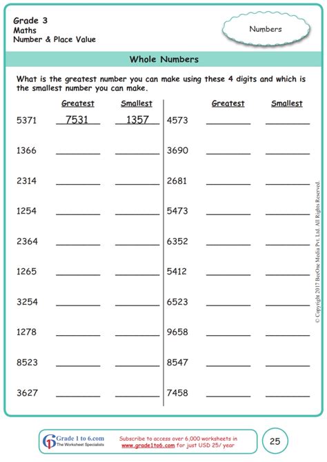 Grade 3 Whole Numbers Worksheets