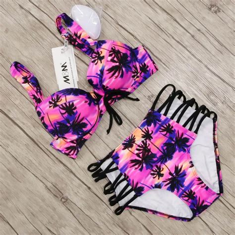 Sexy Bandage Swimsuit High Waist Bikinis Women 2018 Palm Print Push Up Swimwear Female Beachwear