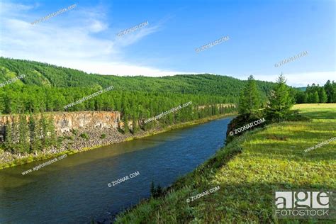 View Of The The Oka Sayan River From A High Steep Bankeast Sayan