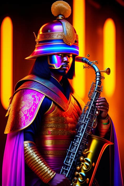Lexica Neon Samurai Playing The Saxophone In Traditional Armor With A