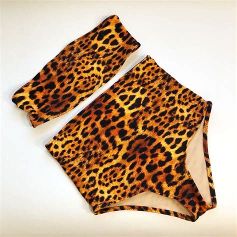 High Waist Leopard Swimsuit Etsy Swimsuits High Waisted Bandeau Top