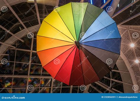 One Rainbow Umbrella Hang In Air Lgbt Symbols Up Right Close Up View