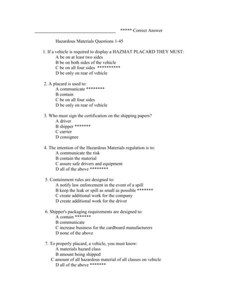 Free Printable Hazmat Questions And Answers