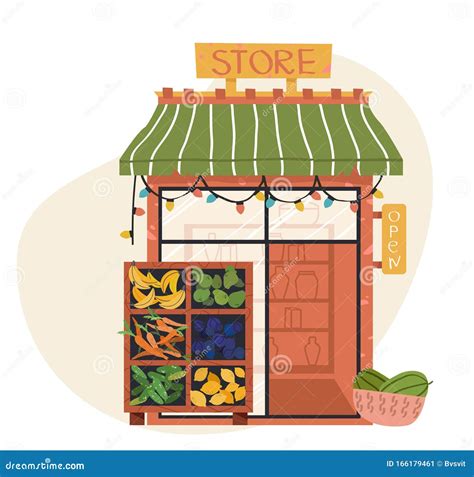 Shop Or Store Facade Market Vegetable And Fruits Flat Vector Icon