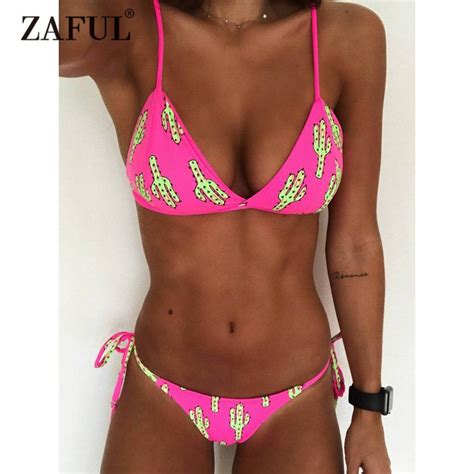 Zaful Bikini Sexy Spaghetti Strap Padded Cacti Print Bikini Set Womens