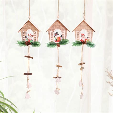 1pc Santa Claussnowman Christmas House Shape Wooden Pendants Ornaments