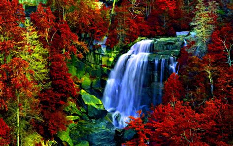 Waterfall Rocks Forest Red Leaves Background Hd