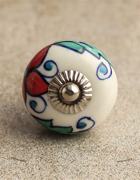 White Ceramic Designer Knob With Red Turquoise And Blue Floral Design