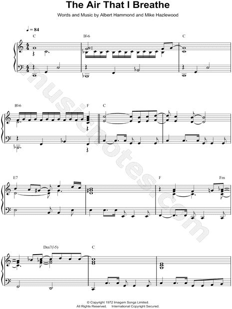 The Hollies The Air That I Breathe Sheet Music Piano Solo In C